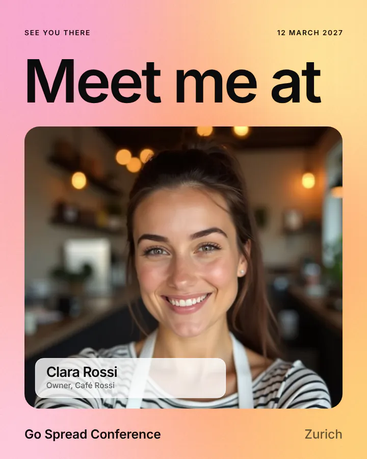 Meet me at event graphic with attendee photo, name and job title, Go Spread Conference