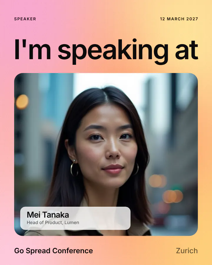 I'm speaking at event graphic for a speaker with photo, name and job title