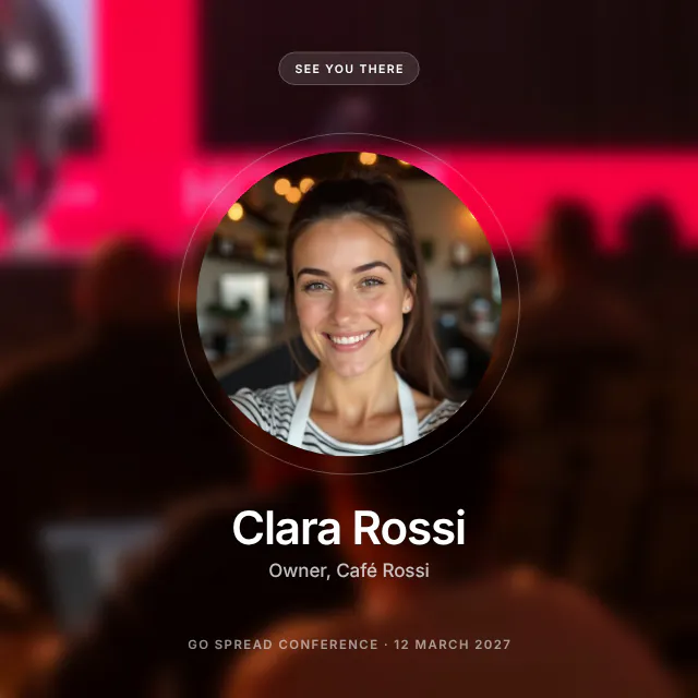 Halo event graphic template on a blurred conference stage photo as background