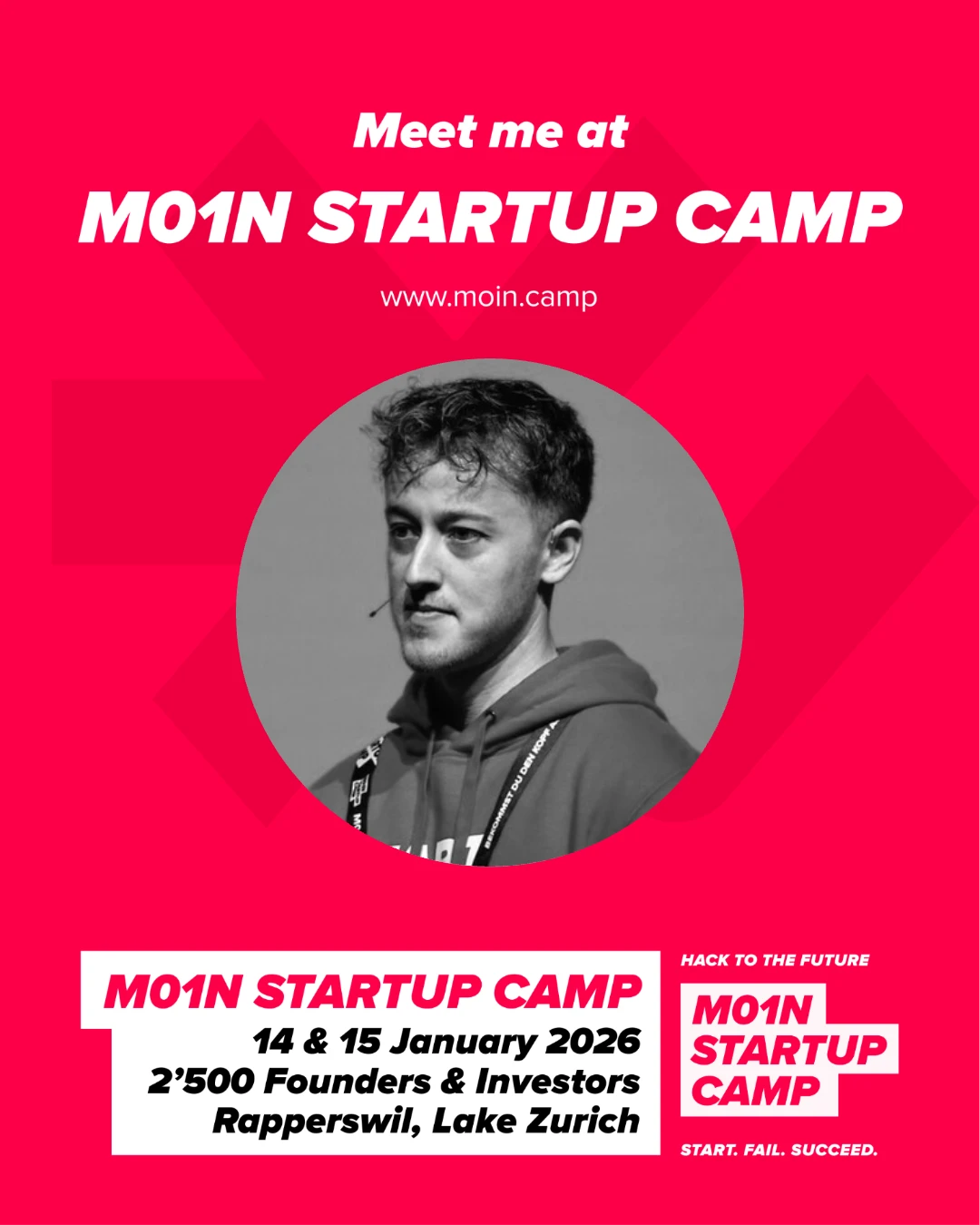M01N Startup Camp attendee — branded Meet Me At LinkedIn graphic created with Go Spread