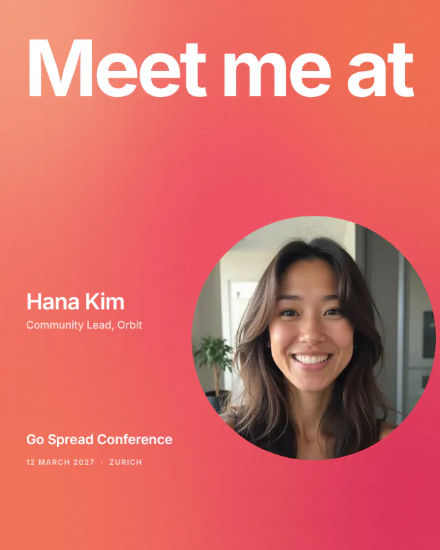 Big type event graphic template: coral Meet me at headline with a round attendee photo