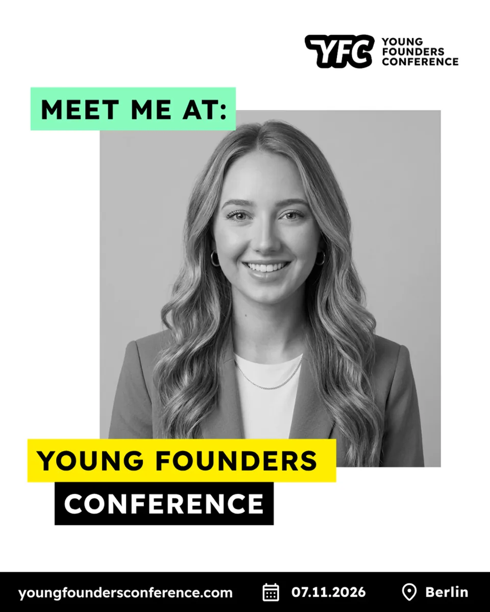 Young Founders Conference Berlin 2026 Meet Me At graphic with a participant portrait and green and yellow accents